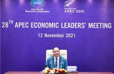 Chủ tịch nước Nguyễn Xuân Phúc tham dự Hội nghị các nhà Lãnh đạo kinh tế APEC lần thứ 28 được tổ chức theo hình thức trực tuyến. Ảnh: TTXVN