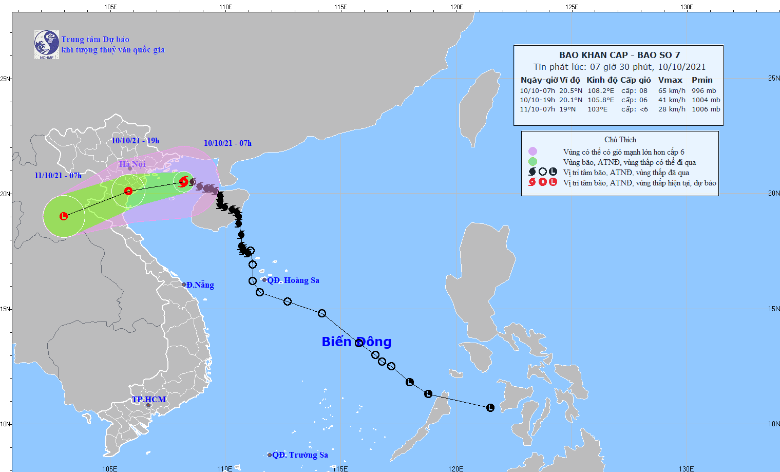 Hướng đi của bão số 7. Ảnh: Trung tâm Dự báo khí tượng thủy văn quốc gia
