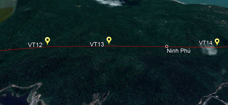 Ảnh chụp vệ tinh vị trị cột 12-14 của đường dây trên địa bàn tỉnh Khánh Hòa dự kiến được thi công trong thời gian tới