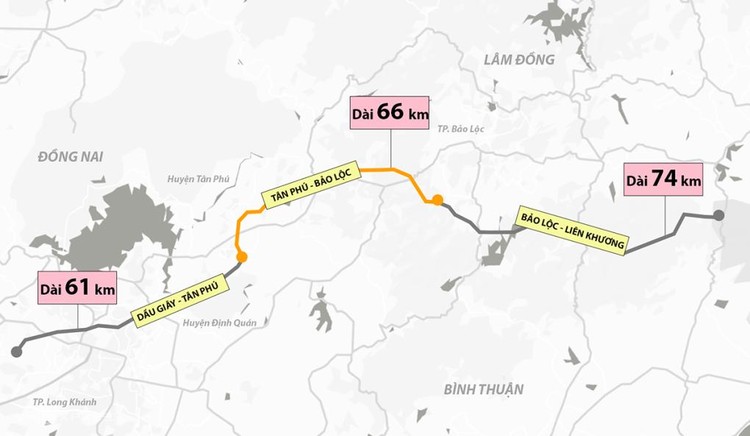 Sơ đồ hướng tuyến cao tốc Dầu Giây - Liên Khương, đoạn Tân Phú - Bảo Lộc sẽ được triển khai trước. Đồ hoạ: Vnexpress