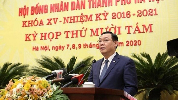Bí thư Thành ủy Hà Nội Vương Đình Huệ phát biểu tại phiên khai mạc Kỳ họp thứ 18, HĐND thành phố Hà Nội khóa XV.