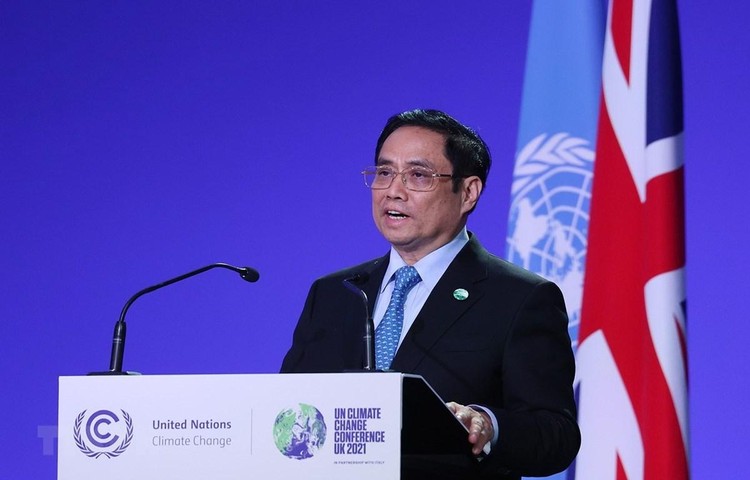 Thủ tướng Phạm Minh Chính phát biểu tại Hội nghị lần thứ 26 các Bên tham gia Công ước khung của Liên hợp quốc về Biến đổi khí hậu (COP26). Ảnh: TTXVN