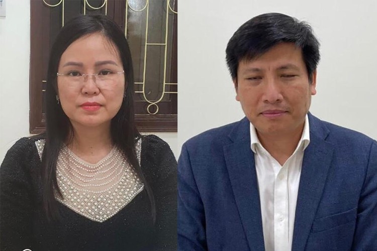 Bị can Nguyễn Thị Hương Lan (trái) và Đỗ Hoàng Tùng tại cơ quan điều tra
