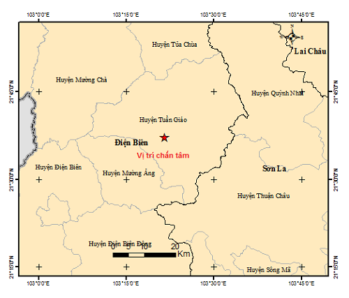 Vị trí tâm chấn của trận động đất tại khu vực huyện Tuần Giáo, tỉnh Điện Biên 