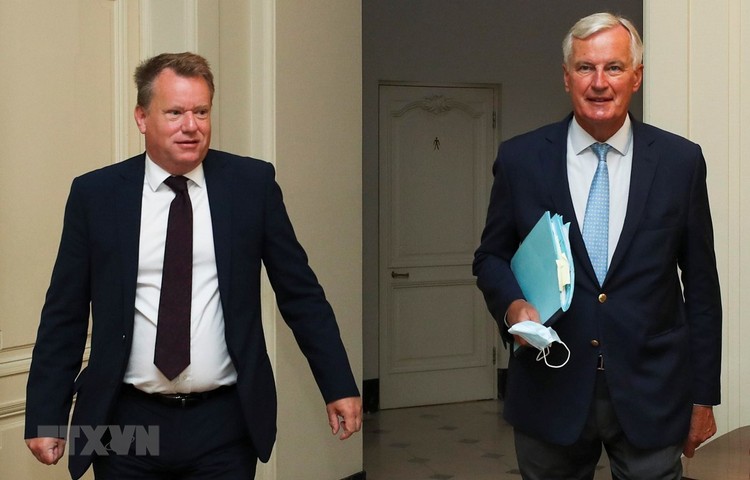 Trưởng đoàn đàm phán thương mại hậu Brexit của EU Michel Barnier (phải) và người đồng cấp Anh David Frost (trái) tại vòng đàm phán ở Brussels, Bỉ ngày 21/8/2020. (Ảnh: AFP/TTXVN)