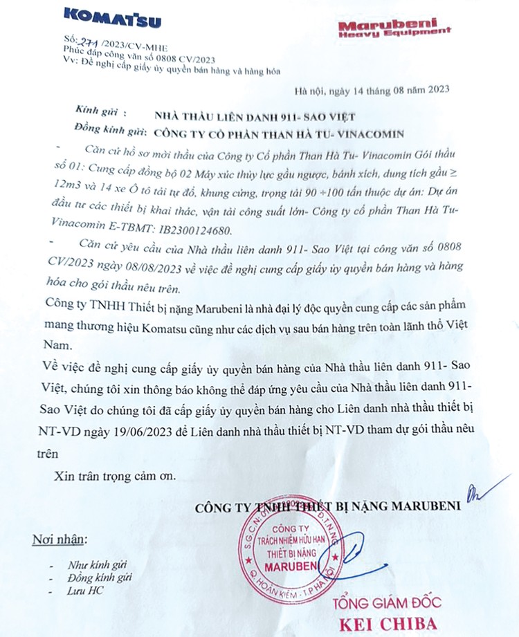 Văn bản từ chối cấp giấy ủy quyền bán hàng cho Liên danh 911 - Máy Sao Việt của Công ty TNHH Thiết bị nặng Marubeni