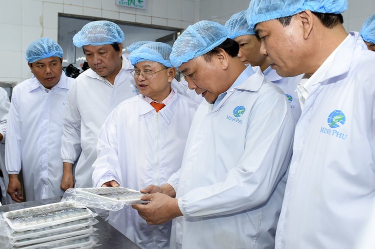 Thủ tướng Nguyễn Xuân Phúc và đoàn công tác Chính phủ khảo sát tại Công ty cổ phần Tập đoàn Thủy sản Minh Phú. 