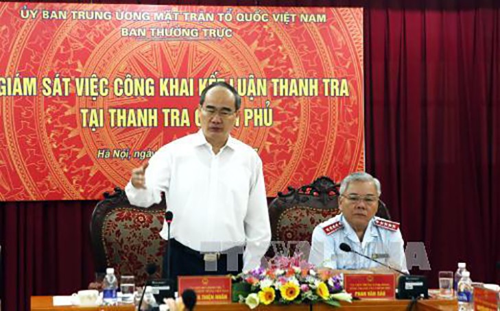 Uỷ viên Bộ Chính trị, Chủ tịch Uỷ ban Trung ương MTTQ Việt Nam Nguyễn Thiện Nhân phát biểu tại buổi làm việc. Ảnh: TTXVN