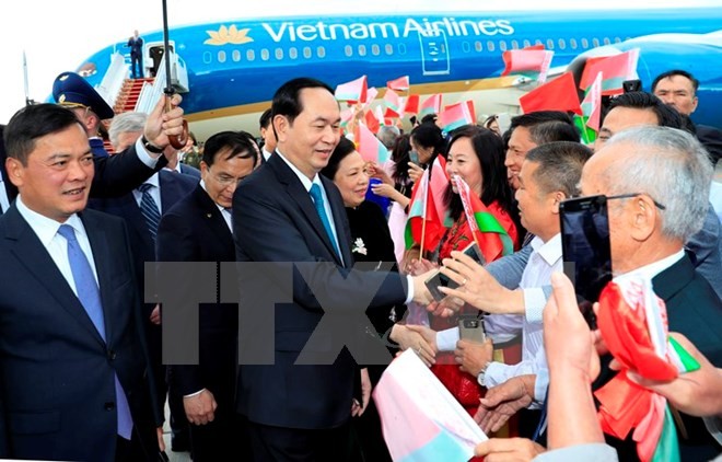 Cán bộ, nhân viên Đại sứ quán Việt Nam và đại diện cộng đồng người Việt Nam tại Cộng hoà Belarus đón Chủ tịch nước Trần Đại Quang và Phu nhân tại sân bay quốc tế Minsk. Ảnh: TTXVN