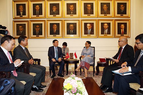 Phó Thủ tướng Vương Đình Huệ làm việc với Bộ trưởng Ngoại giao Retno Marsudi. Ảnh: VGP