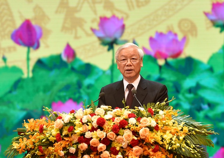 Tổng Bí thư Nguyễn Phú Trọng phát biểu tại Lễ kỷ niệm 70 năm Ngày Thương binh-liệt sĩ. Ảnh: VGP