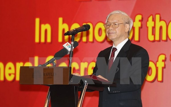Tổng Bí thư Nguyễn Phú Trọng dự và phát biểu tại Tiệc chiêu đãi của Phòng Thương mại và Công nghiệp Indonesia. Ảnh: TTXVN