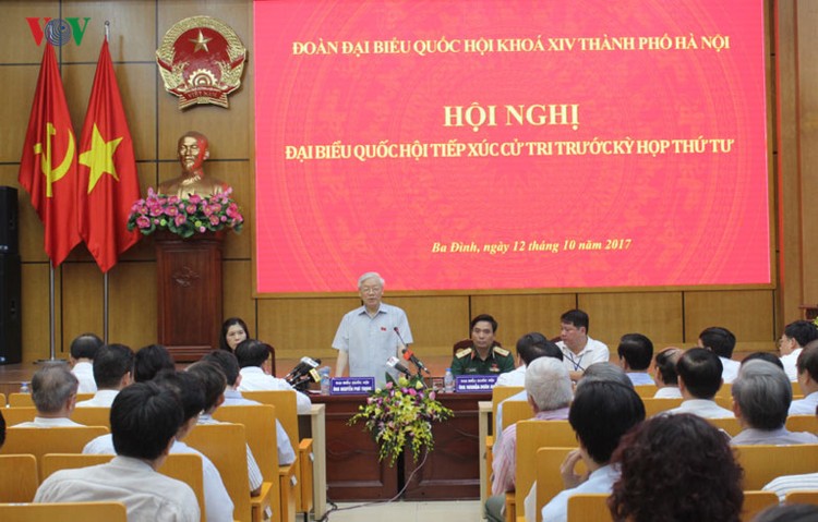 Tổng Bí thư Nguyễn Phú Trọng phát biểu tại buổi tiếp xúc cử tri. Ảnh: VOV