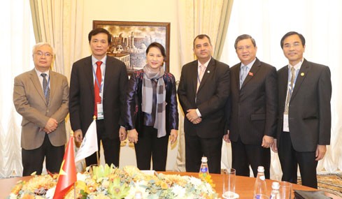 Chủ tịch Quốc hội Nguyễn Thị Kim Ngân và các đại biểu cấp cao của Quốc hội Việt Nam đã có cuộc gặp với Chủ tịch IPU Saber Chowdhury tại TP Saint Petersburg, Liên bang Nga. Ảnh: Báo Đại biểu nhân dân