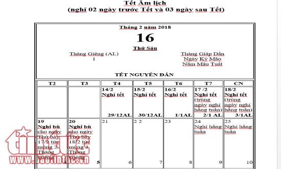 Lịch nghỉ tết Nguyên đán 2018 theo phương án 1 theo Tờ trình của Bộ LĐTBXH