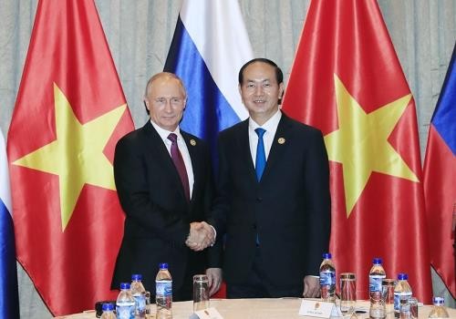 Chủ tịch nước Trần Đại Quang đã có cuộc gặp với Tổng thống Liên bang Nga Vladimir Putin. Ảnh: TTXVN