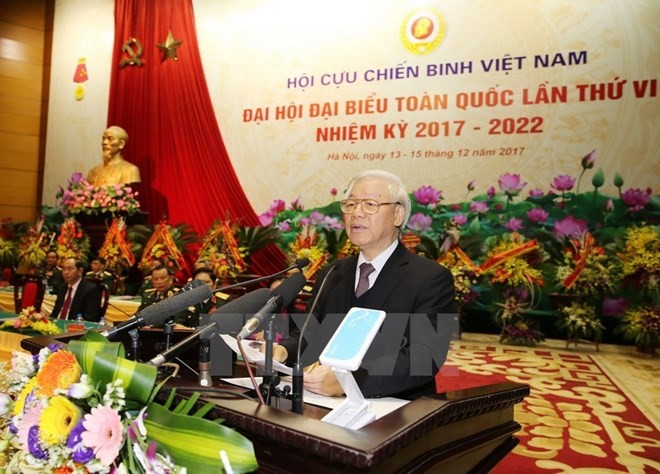 Tổng Bí thư Nguyễn Phú Trọng, Bí thư Quân ủy Trung ương phát biểu tại Đại hội Đại biểu toàn quốc Hội Cựu chiến binh Việt Nam. Ảnh: TTXVN