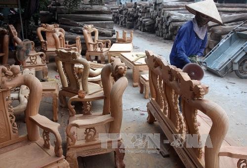 Sản xuất đồ gỗ mỹ nghệ cao cấp cung ứng cho thị trường trong nước và xuất khẩu tại một doanh nghiệp ở huyện Thường Tín (Hà Nội). Ảnh: TTXVN