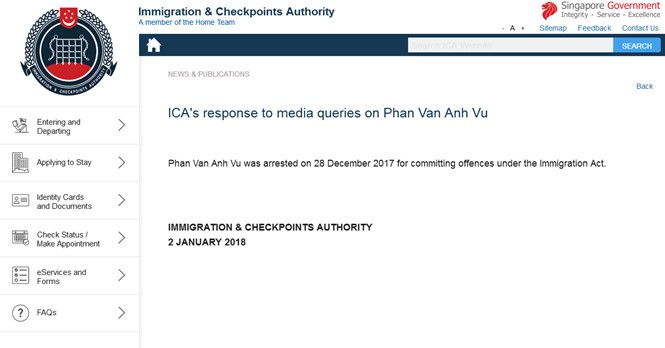 Thông báo của Cục Di trú Singapore về trường hợp bắt giữ người tên Phan Van Anh Vu