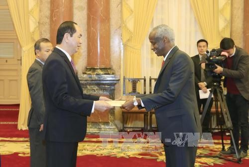 Đại sứ Cộng hòa Sudan Mohamed Elmurtada Mubarak Ismail trình Quốc thư lên Chủ tịch nước Trần Đại Quang. Ảnh: TTXVN