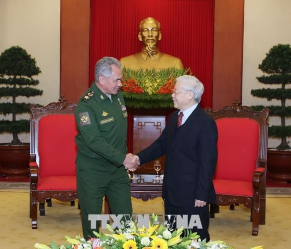 Tổng Bí thư Nguyễn Phú Trọng tiếp Bộ trưởng Quốc phòng LB Nga Sergey Shoygu. Ảnh: TTXVN
