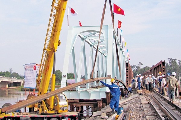 Rất nhiều cầu yếu trên tuyến đường sắt Bắc-Nam cần được nâng cấp, thay thế để tăngnăng lực chạy tàu. Trong ảnh: Thay thế cầu Bà Bầu, huyện Núi Thành, Quảng Nam. Ảnh: Báo Giao thông