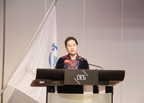 Chủ tịch Quốc hội Nguyễn Thị Kim Ngân phát biểu tại phiên họp toàn thể Đại hội đồng Liên minh nghị viện Thế giới (IPU) - Ảnh: VOV