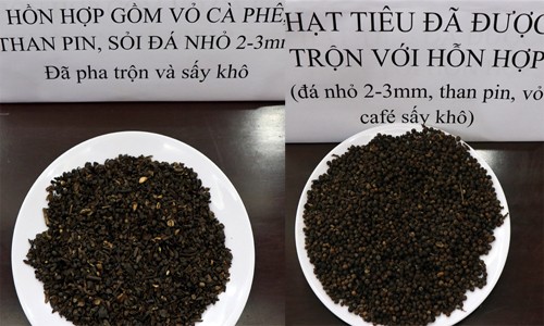 Mẫu hỗn hợp vỏ cà phê trộn than pin, sỏi đá (trái) và hỗn hợp đã được trộn với hạt tiêu (phải) do cơ quan điều tra thu giữ được trưng ra tại buổi họp báo. 