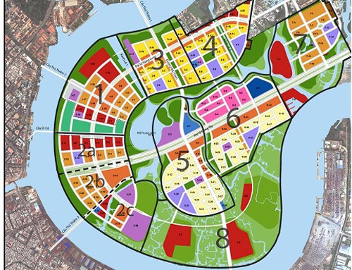 Bản đồ quy hoạch sử dụng đất năm 2011, thuộc Đồ án điều chỉnh quy hoạch cục bộ phân khu tỷ lệ 1/2.000 Khu đô thị Thủ Thiêm. Ảnh: BQL KĐT Thủ Thiêm.