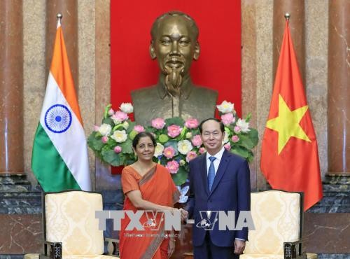 Chủ tịch nước Trần Đại Quang cùng Bộ trưởng Bộ Quốc phòng Cộng hòa Ấn Độ. Ảnh: TTXVN