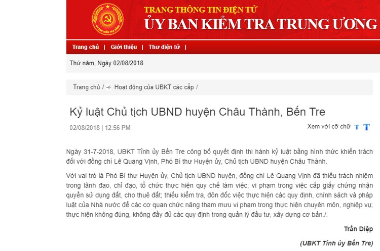 Kỷ luật Chủ tịch UBND huyện Châu Thành, Bến Tre