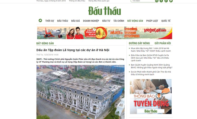 UBND TP. Hà Nội đã có báo cáo về kết quả kiểm tra phản ánh của báo chí về việc Công ty Lã Vọng và các đơn vị thành viên được ưu ái giao nhiều khu đất “vàng" tại Hà Nội