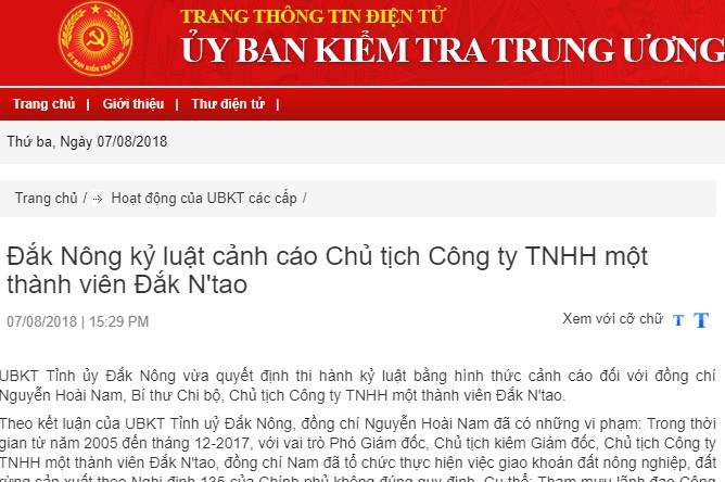 Đắk Nông: Kỷ luật cảnh cáo Chủ tịch Công ty TNHH một thành viên Đắk N'tao