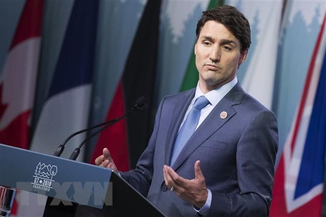 Thủ tướng Canada Justin Trudeau trong cuộc họp báo tại Quebec ngày 9/6. (Ảnh: AFP/ TTXVN)