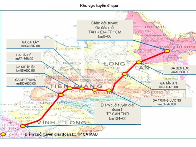 Sơ đồ hướng tuyến đường sắt TP HCM - Cần Thơ
