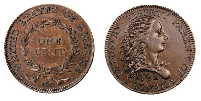 Mặt trước và sau của đồng xu Birch Cent 1792.