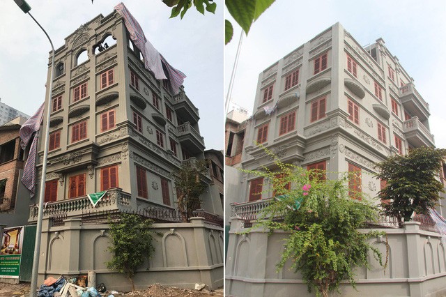 Hiện trạng ngôi biệt thự 5 tầng của gia đình ông Nguyễn Thanh Hóa trước (bên trái) và sau 8 tháng nhận "tự tháo dỡ".