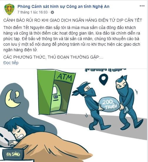 Thông tin cảnh báo rủi ro khi giao dịch ngân hàng điện tử được Phòng cảnh sát Hình sự Công an tỉnh Nghệ An đăng tải trên trang fanpage chính thức của đơn vị.