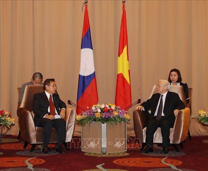 Tổng Bí thư, Chủ tịch nước Nguyễn Phú Trọng và Chủ tịch Ủy ban Trung ương Mặt trận Lào xây dựng đất nước Saysomphone Phomvihane