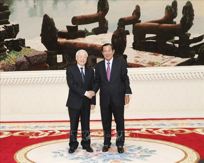Thủ tướng Hun Sen bày tỏ vui mừng được đón Tổng Bí thư, Chủ tịch nước Nguyễn Phú Trọng thăm cấp Nhà nước Campuchia. Ảnh: TTXVN
