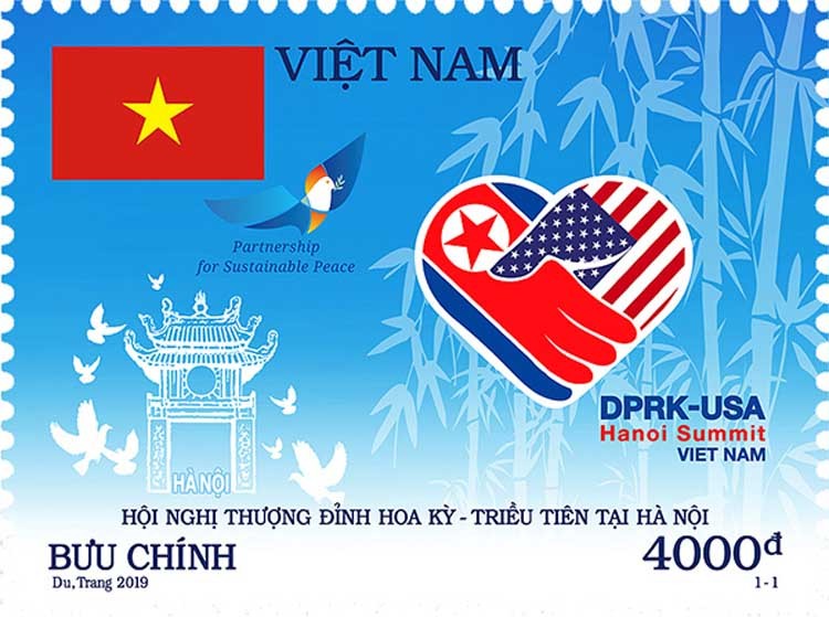 Mẫu tem chào mừng thượng đỉnh Mỹ - Triều tại Hà Nội.