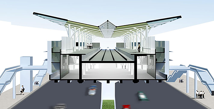 Thiết kế phần mái các nhà ga trên cao tuyến Metro Nhổn-Ga Hà Nội có hình chữ V có độ dốc lớn, được làm bằng vật liệu tôn mạ kẽm và tấm ốp nhôm. Ảnh: MRB
