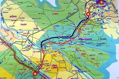 Sơ đồ hướng tuyến đường sắt cao tốc TP HCM - Cần Thơ (màu đỏ) dài trên 173 km. Ảnh: Cửu Long.
