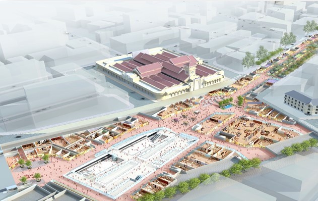 Trung tâm thương mại ngầm Bến Thành sẽ nằm dưới lòng đất trước khu vực chợ Bến Thành, vòng xoay Quách Thị Trang. Ảnh: BQL dự án Metro tuyến Bến Thành - Suối Tiên  