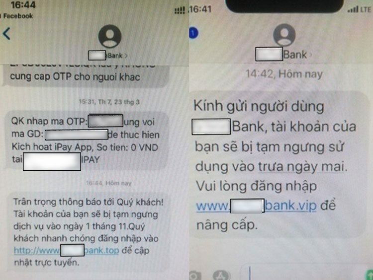 Tin nhắn giả mạo ngân hàng gửi tới người dân. Ảnh: Bộ Công an cung cấp