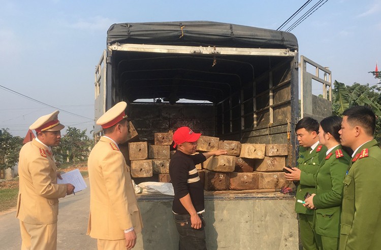 Cảnh sát chặn được ôtô tải chở gỗ lậu sau cuộc truy đuổi hơn 3 km. Ảnh: Đ.H