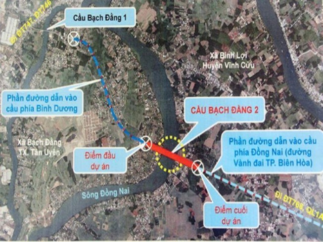 Cầu Bạch Đằng 2 bắc qua sông Đồng Nai nối xã Bạch Đằng (thị xã Tân Uyên, tỉnh Bình Dương) với xã Bình Lợi (huyện Vĩnh Cửu) . Nguồn Internet