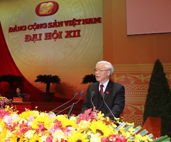 Tổng Bí thư Nguyễn Phú Trọng đọc diễn văn bế mạc Đại hội Đảng toàn quốc lần thứ XII. Ảnh: TTXVN