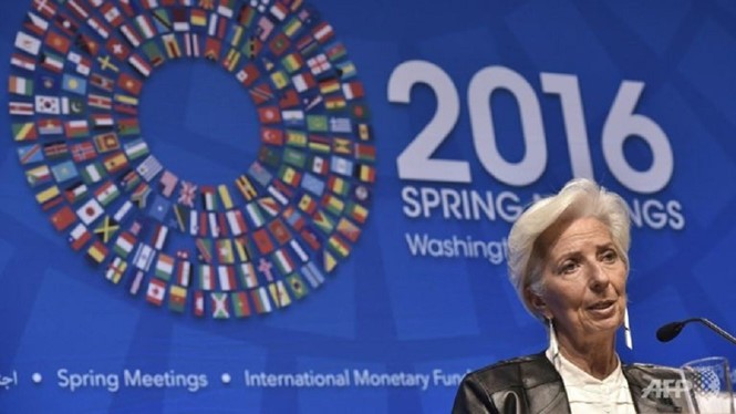 Giám đốc IMF Christine Lagarde phát biểu tại cuộc họp báo trong kỳ họp mùa xuân của IMF và WB ở Washington (Mỹ) - Ảnh: AFP