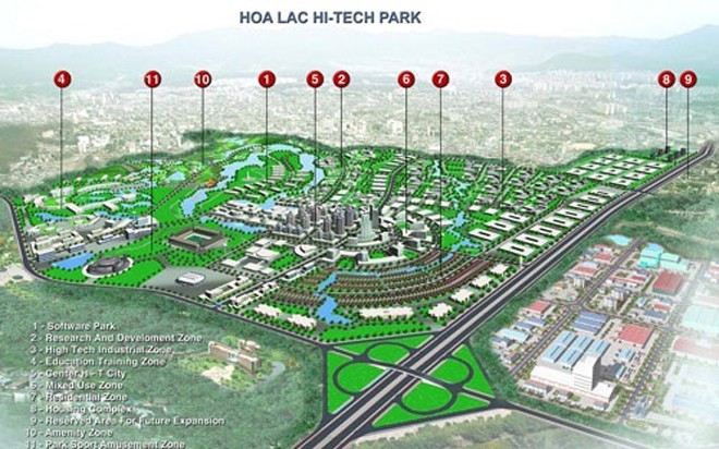 Khu công nghệ cao Hòa Lạc được xây dựng trên diện tích 1,586 ha, với 8 khu chức năng chính.